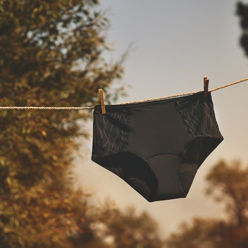 Die TENA Silhouette waschbare Unterwäsche als klassischer Slip hängt auf einer Wäscheleine zum Trocknen. Die TENA Silhouette waschbare Unterwäsche als klassischer Slip hängt auf einer Wäscheleine zum Trocknen.
